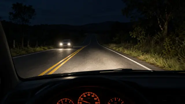 Numa estrada escura, os faróis de um carro que vem no sentido contrário aparecem à esquerda das linhas amarelas, vistos pelo para-brisa.