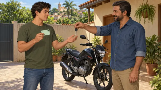 Uma pessoa mostra um cartão com a categoria B enquanto um amigo oferece a chave de uma moto estacionada.
