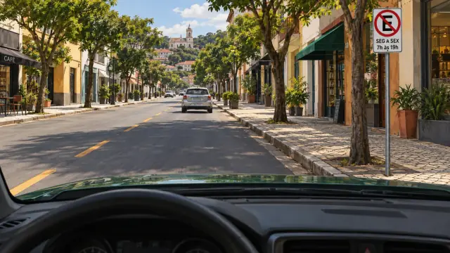 Pelo para-brisa, uma placa proíbe estacionar de segunda a sexta, das 7h às 19h.