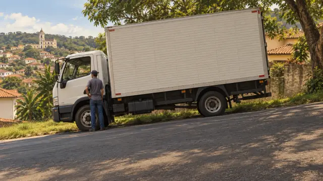 Motorista observa um caminhão parado em uma ladeira com as rodas sem calços visíveis.