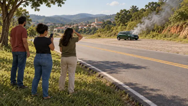 Grupo em área afastada observa carro com fumaça no motor e capô fechado.