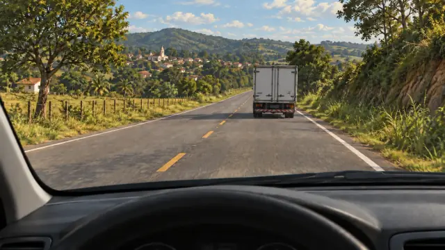 Vista do automóvel seguindo caminhão branco pela faixa da direita, com intervalo de asfalto à frente.