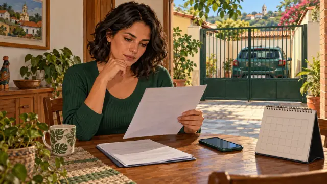 Mulher confere um documento à mesa, com um calendário próximo e o carro dentro do pátio.