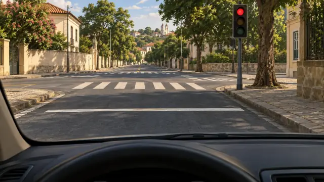Vista do motorista diante de um semáforo vermelho, uma linha branca transversal e a faixa de pedestres adiante.