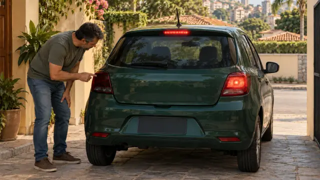 Uma pessoa observa a traseira de um carro: a luz de freio direita e a central estão acesas, e a esquerda está apagada.