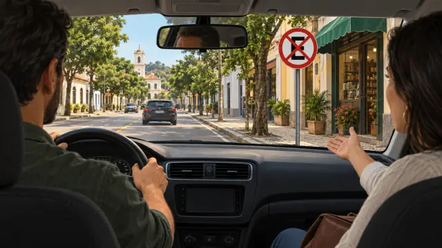 Pelo para-brisa, uma placa com a letra E cortada por um X vermelho aparece diante de uma loja, enquanto uma passageira indica o local.