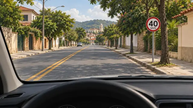 Condutor se aproxima de placa de 40 km/h à direita, com via visível e carro oposto em sua faixa.