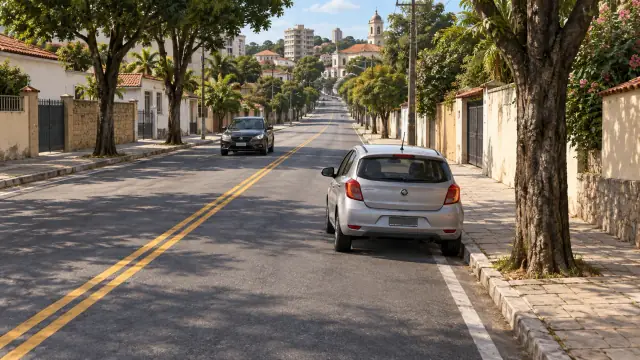 Automóvel parado junto à margem da rua enquanto outro veículo se aproxima.