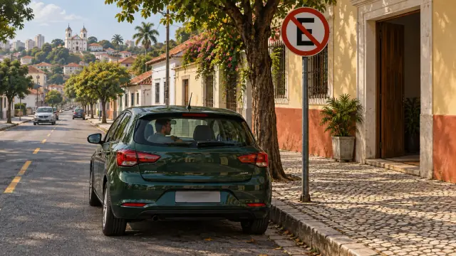 Carro junto à guia direita, com condutor dentro e portas fechadas. A placa tem um E cortado por uma faixa vermelha; não há passageiro pronto na entrada do prédio.