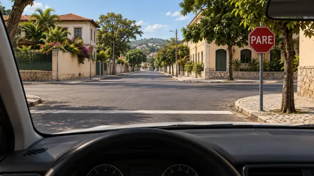 Vista pelo para-brisa antes da linha transversal. Uma placa octogonal vermelha com a palavra PARE está à direita de um cruzamento vazio.