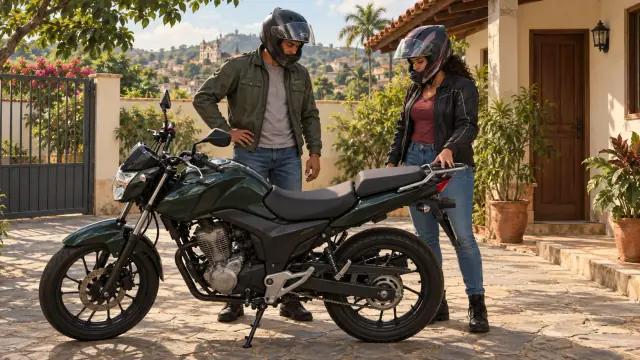 Duas pessoas com capacetes observam uma motocicleta parada que tem banco do condutor, assento traseiro e bagageiro metálico.