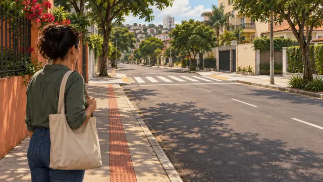 Mulher no passeio observa uma faixa de pedestres adiante.