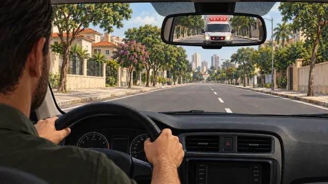 Motorista vê uma ambulância com luzes acesas no retrovisor interno.