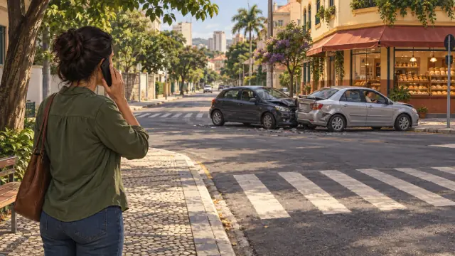 Pessoa liga do passeio, afastada de dois carros envolvidos em colisão; comércio serve de referência.