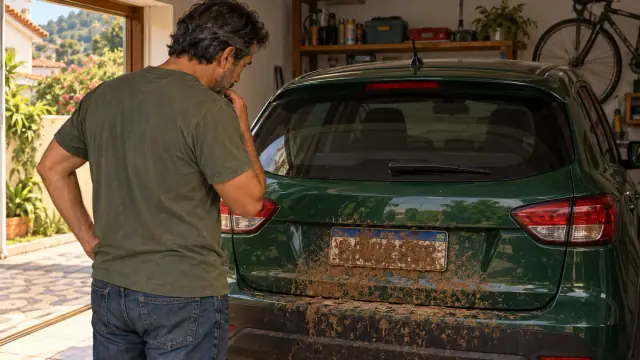 Condutor examina a placa traseira coberta de barro em um carro ainda na garagem.