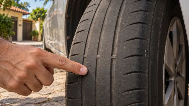 Mão aponta para a banda de um pneu com sulcos rasos e indicadores aparentes.