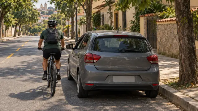 Um ciclista se aproxima pela lateral esquerda de um carro junto ao meio-fio; o motorista está dentro e a porta permanece fechada.