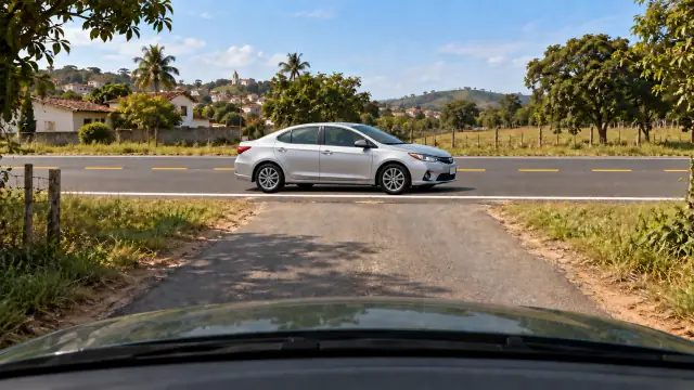 Carro circula pela rodovia vindo da esquerda, diante de quem chega por uma via local sem sinalização.