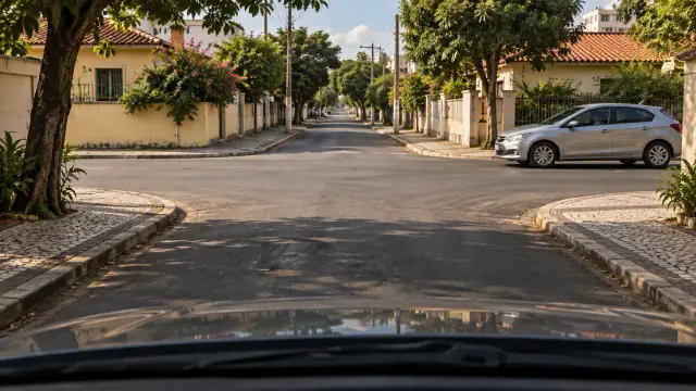 Carro se aproxima pela direita de um cruzamento entre ruas locais.
