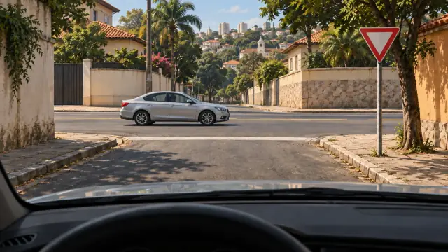Vista de uma entrada com placa Dê a preferência e um carro passando na via transversal.