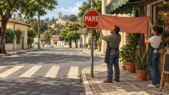 Duas pessoas seguram faixa comercial diante da loja, alcançando parte de uma placa PARE.