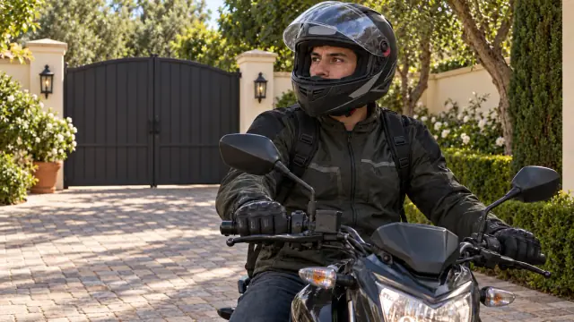 Um motociclista está com a moto parada num pátio fechado. A viseira está levantada e seus olhos estão descobertos.