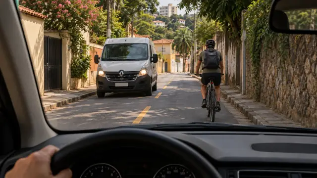 Condutor encontra ciclista à frente e veículo vindo no sentido contrário.