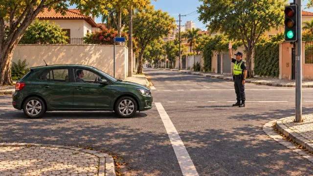 Carro verde antes da linha transversal. À frente, um agente mantém a mão elevada; o semáforo está verde.