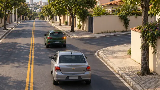 Carro verde sinaliza à direita antes de entrar numa via lateral; outro automóvel segue atrás.