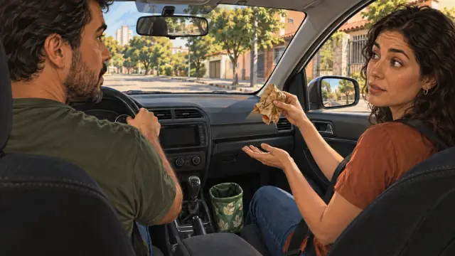 Passageira segura uma embalagem dentro do carro; há uma pequena sacola no console.