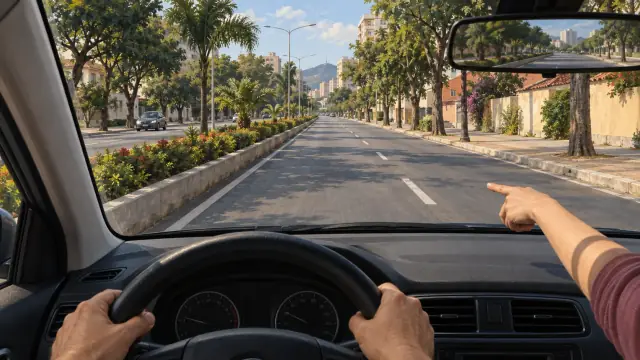 Condutor segue avenida dividida por canteiro contínuo; passageiro aponta e há fluxo oposto na outra pista.