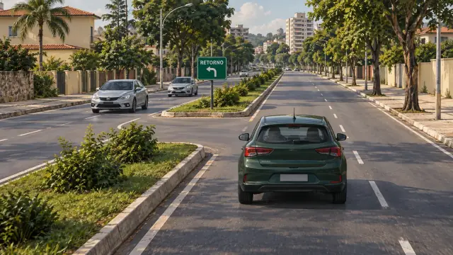 Um carro verde se aproxima de uma abertura sinalizada para retorno numa avenida com canteiro; carros vêm na pista do sentido contrário.