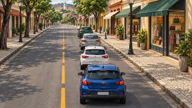 Carro verde lidera uma fila de automóveis ao passar diante das vitrines de uma rua comercial.