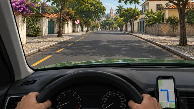 Pelo para-brisa, placa proíbe virar à esquerda enquanto o aplicativo indica essa conversão.
