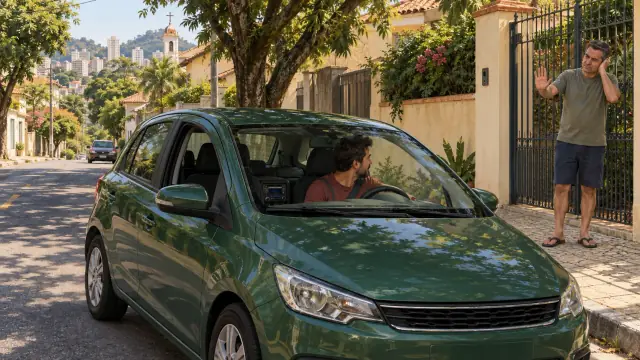 Morador junto ao portão gesticula para o condutor de um carro parado em frente às casas.