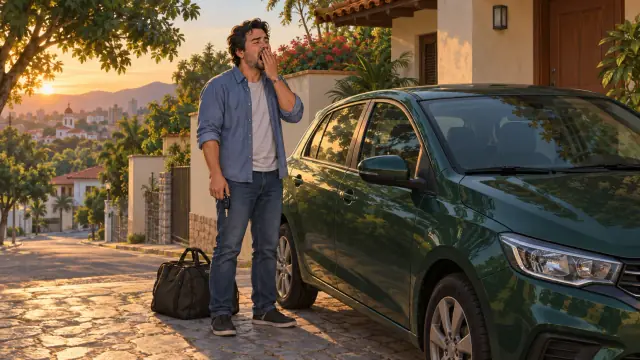Ao amanhecer, um homem boceja com a chave na mão, ao lado do carro ainda fechado e de uma bolsa no chão.