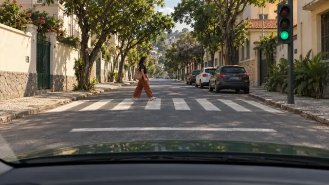 Uma mulher está no meio da faixa. O sinal dos veículos está verde; a linha de parada fica entre o capô e a travessia.