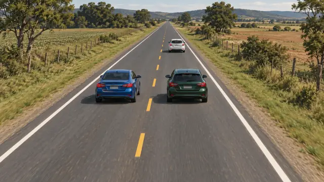 Carro azul iniciou uma ultrapassagem à esquerda do carro verde, enquanto um terceiro segue adiante.