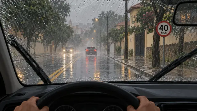 Vista pelo para-brisa sob chuva forte. A pista está molhada, a visão distante está reduzida e a placa à direita indica 40 km/h.