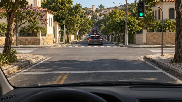 Vista do condutor antes da linha de parada. O sinal está verde e uma fila de carros, vistos pela traseira, ocupa a saída do cruzamento.
