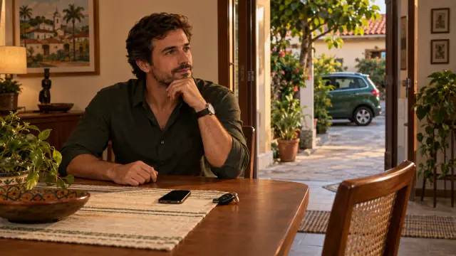 Em casa, um homem observa a chave e o telefone sobre a mesa, com o carro estacionado ao fundo.
